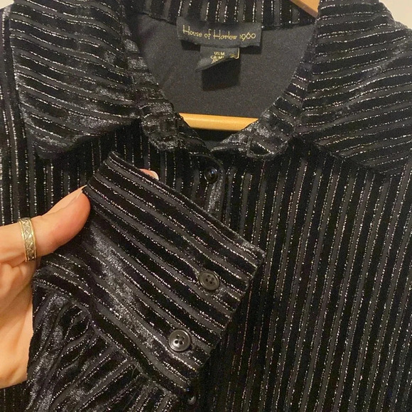 House of Harlow 1960 Velvet Burnout Striped Top  Black Sz M Metallic Threading - Picture 7 of 13
